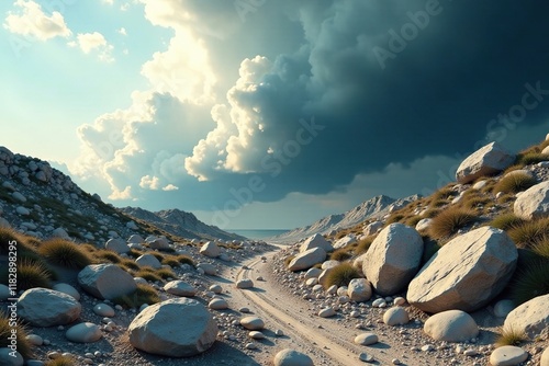 Weathered rocks and boulders scattered by a powerful gust, cloud, turbulence photo