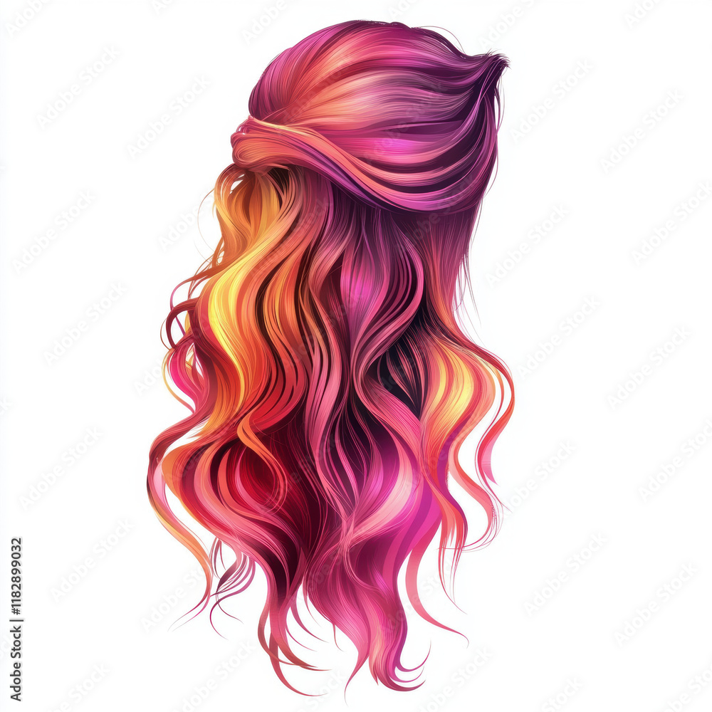 Vibrant hair design featuring blend of pink, orange, and red hues with flowing curls. This artistic representation showcases stylish and colorful hairstyle Vibrant hair design featuring blend of pink, orange, and red hues with flowing curls. This artistic representation showcases stylish and colorful hairstyle