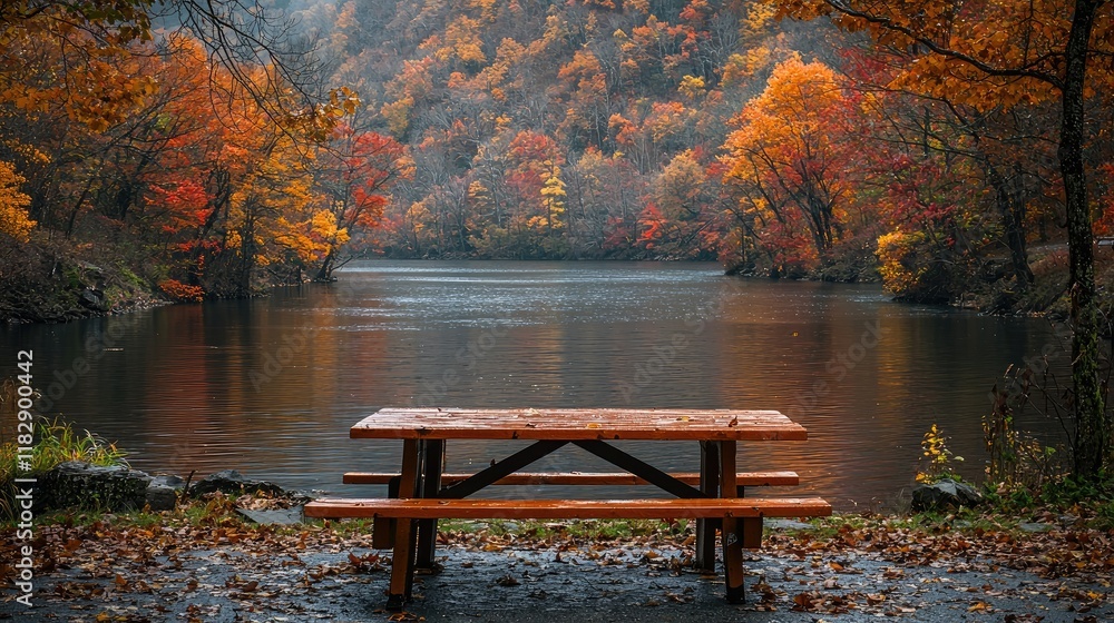 Obraz premium Autumnal Picnic Table Beside Calm River And Colorful Trees