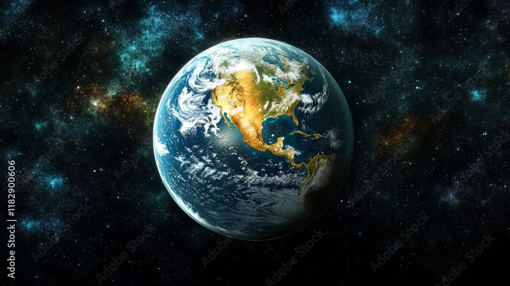 Fototapeta premium Stunning Earth View from Space with Rich Colors and Celestial Background