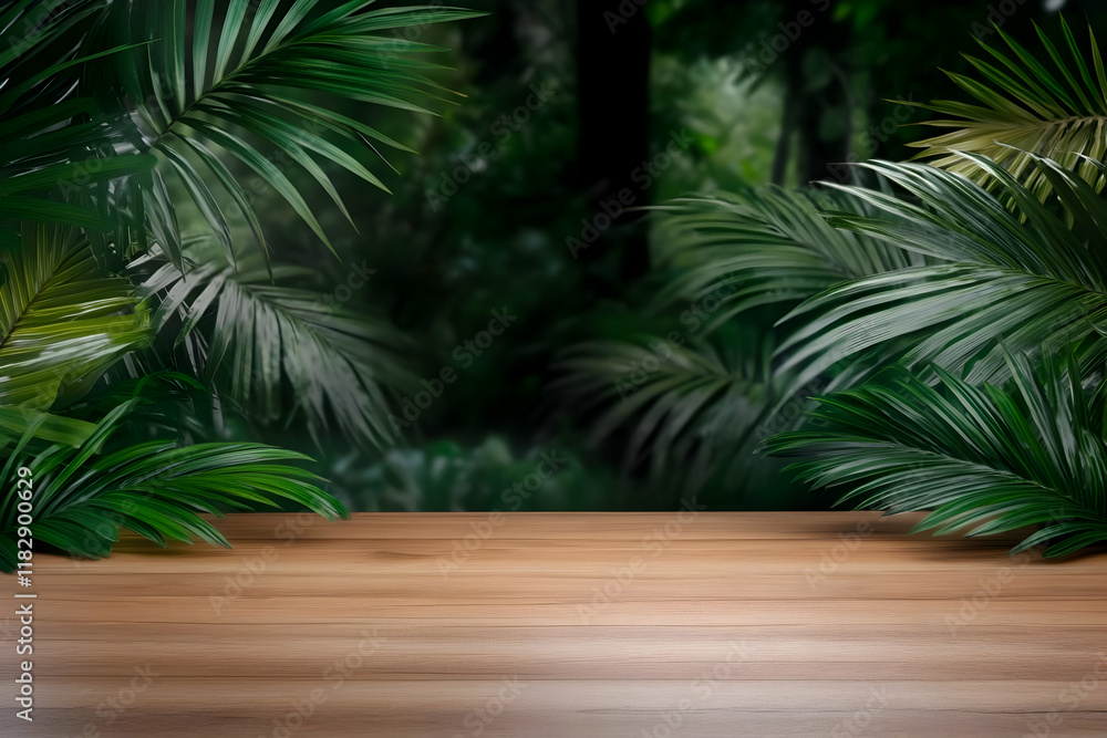 Empty Wooden Table Top with Tropical Palm Leaves Background for Product Placement. Empty Wooden Table Top with Tropical Palm Leaves Background for Product Placement.