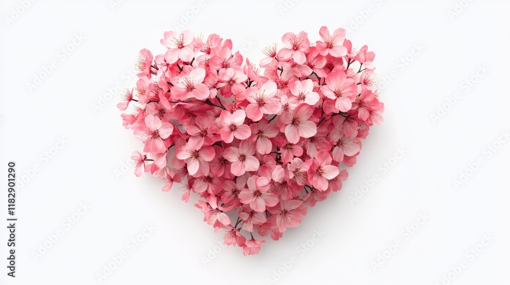 Fototapeta premium Pink Blossom Heart Shape Arrangement on White Background
