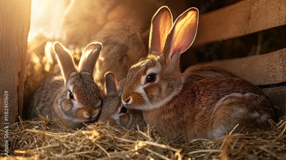 Fototapeta premium Rabbits huddled together in a wooden hutch, sunlit.