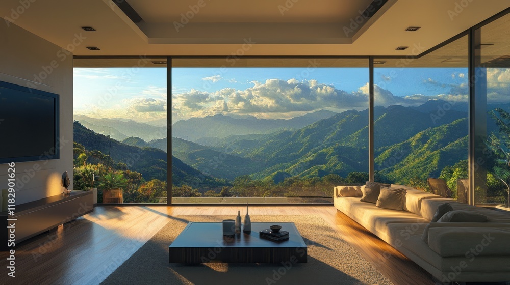 Fototapeta premium Mountain View Luxury Living Room: Serene Sunset Panorama