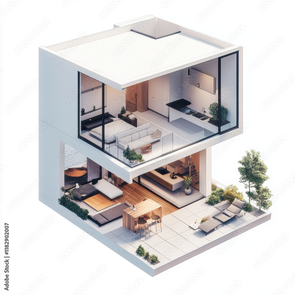 Modern architectural design of stylish house with open spaces, featuring living room, kitchen, and outdoor patio. layout emphasizes natural light and greenery Modern architectural design of stylish house with open spaces, featuring living room, kitchen, and outdoor patio. layout emphasizes natural light and greenery