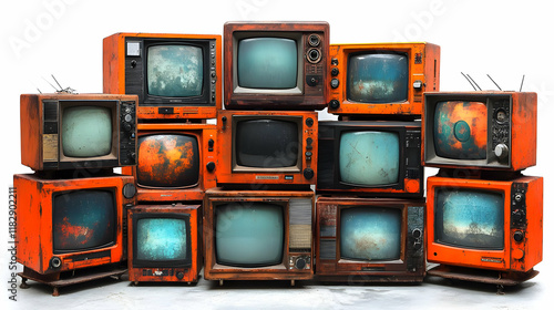 Stack of Retro Orange Televisions Displays Static and Wear, Evoking Nostalgia and Technological History. photo