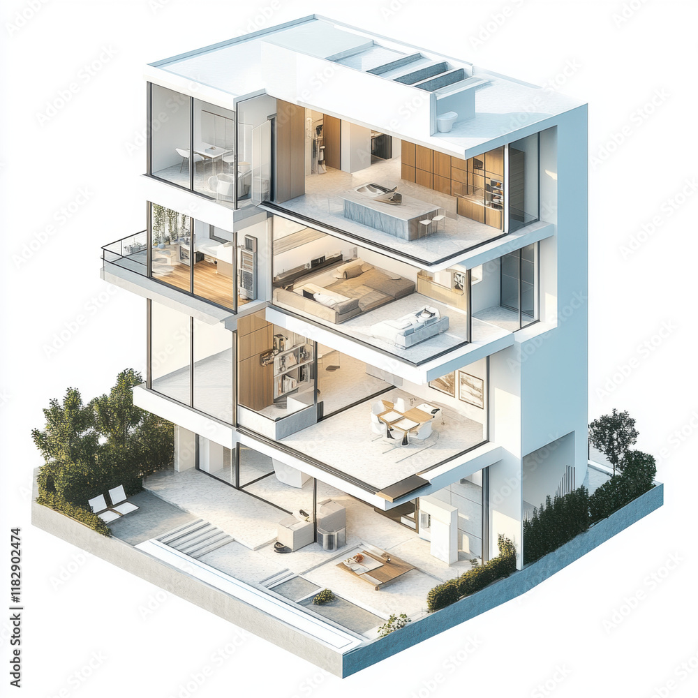 Modern architectural design of multi level house showcasing open spaces, large windows, and contemporary interiors. layout emphasizes natural light and functionality Modern architectural design of multi level house showcasing open spaces, large windows, and contemporary interiors. layout emphasizes natural light and functionality