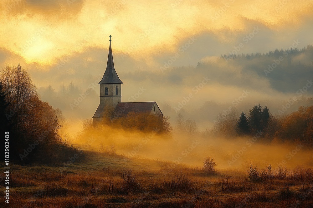 Obraz premium Autumn Sunrise Over Misty Countryside Church in Vibrant Hues of Red and Orange