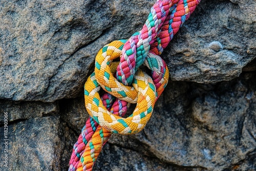 eight climbing knot with colorful rope on rocky background photo