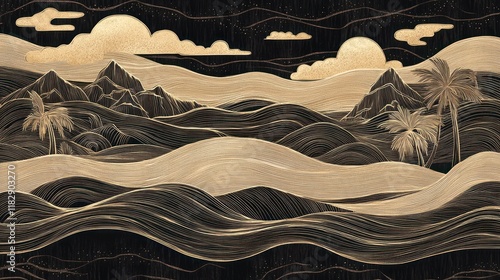 Abstract gold and black landscape with stylized mountains, palm trees, and wavy lines.