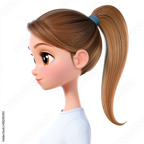 cute animated girl with long brown hair in ponytail, wearing light blue shirt. Her expressive eyes and gentle smile convey sense of joy and friendliness
