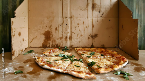 Cheese Pizza Sits inside a Stained Cardboard Box with Basil Leaves Scattered Around