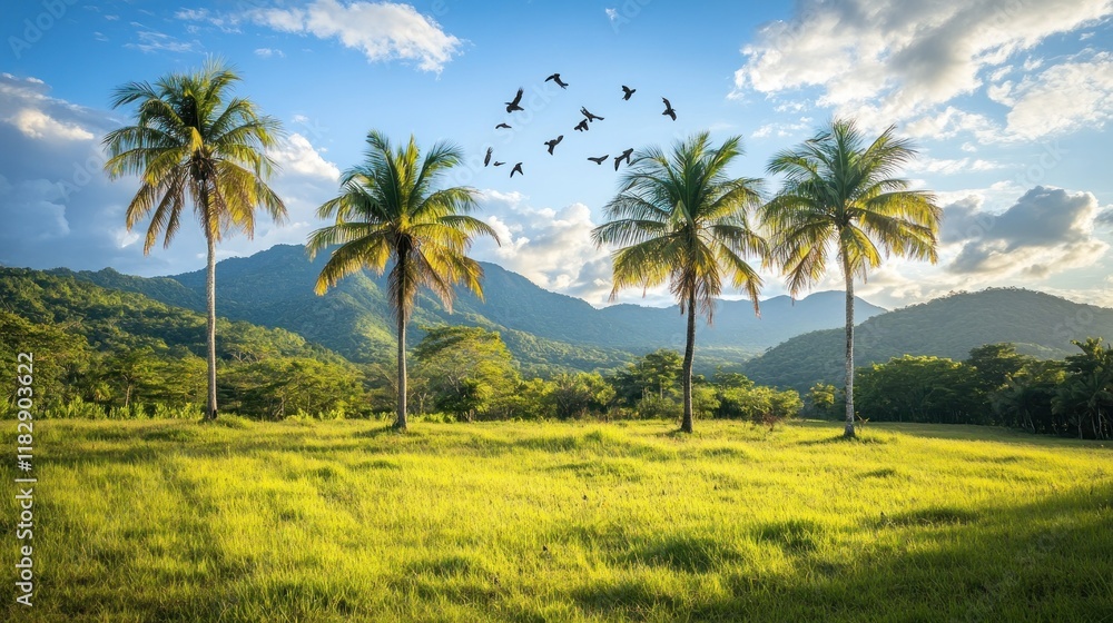 Idyllic tropical landscape with palm trees, birds, and mountains under a sunny sky. Idyllic tropical landscape with palm trees, birds, and mountains under a sunny sky.