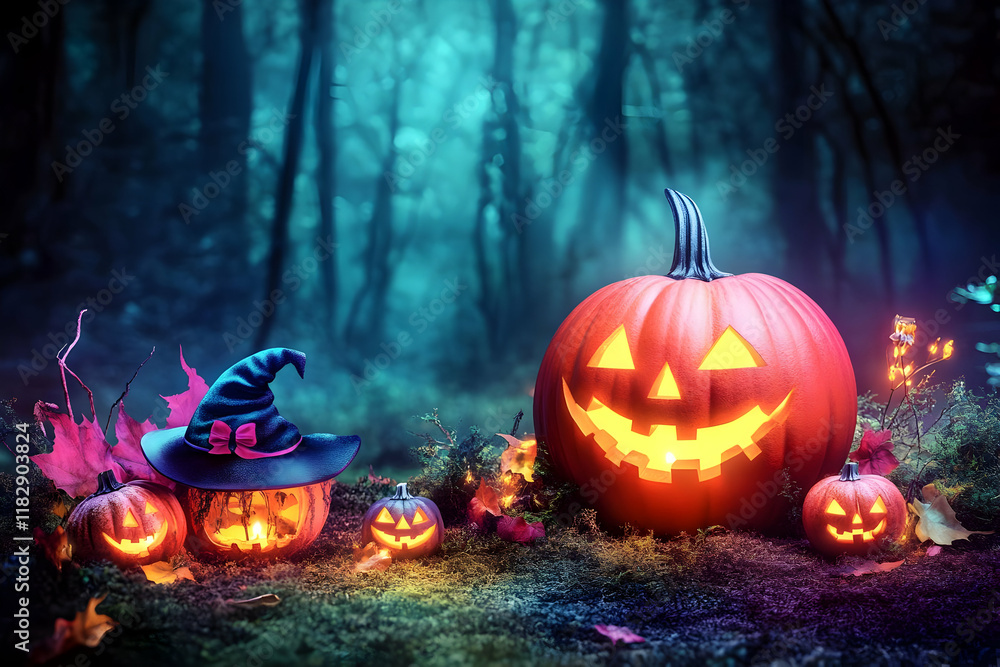 Fototapeta premium Glowing Jack-o'-lanterns Illuminate a Spooky Forest Floor on a Mystical Night
