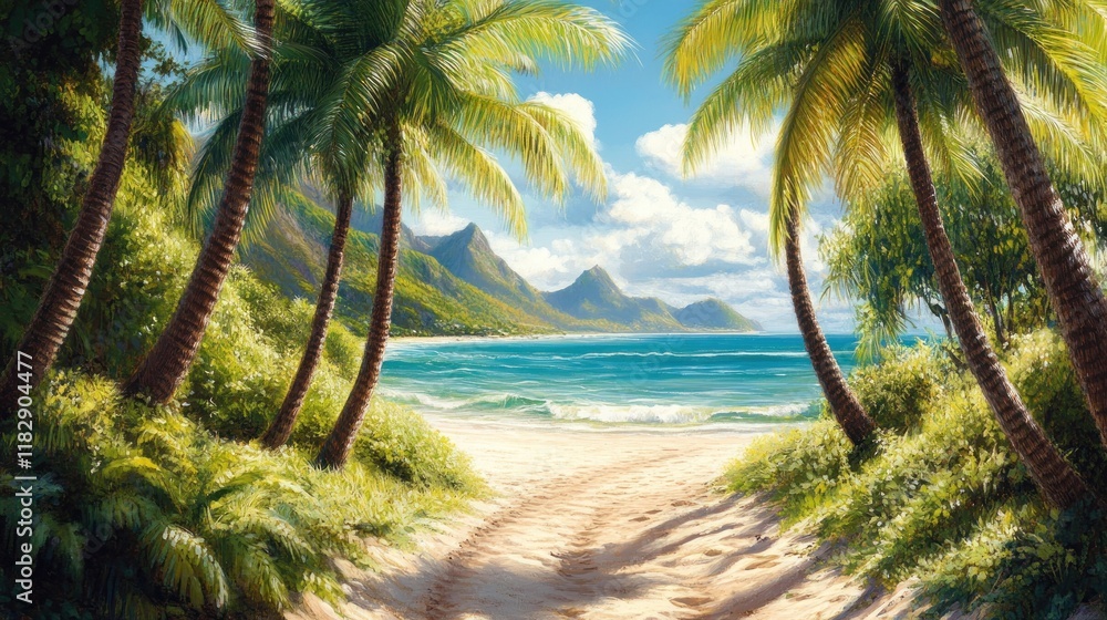 Obraz premium Tropical beach paradise scene with palm trees, sandy path, and ocean view.