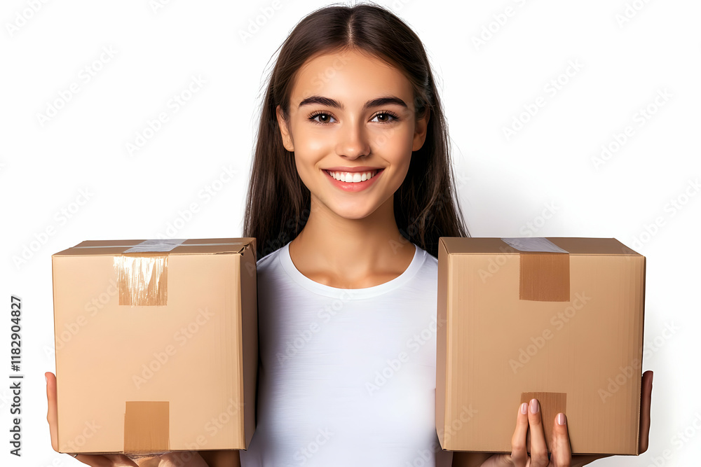 Smiling Woman Holds Two Cardboard Boxes with Packaging Tape on White Background Smiling Woman Holds Two Cardboard Boxes with Packaging Tape on White Background