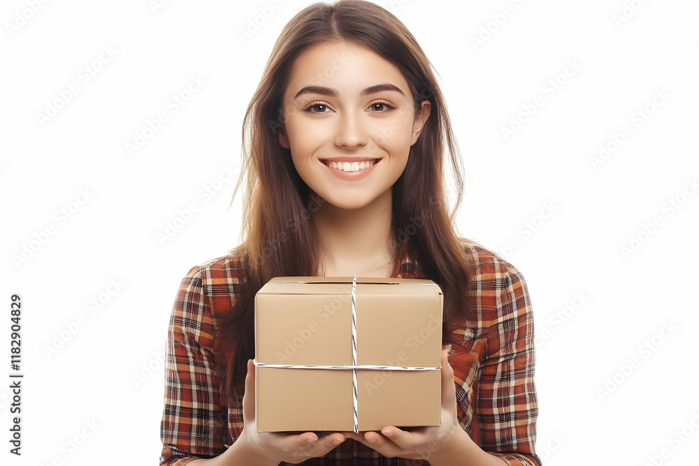 Young Woman Holds Cardboard Box and Smiles Happily on White Background Young Woman Holds Cardboard Box and Smiles Happily on White Background