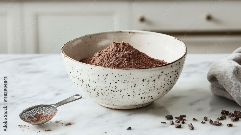 A ceramic bowl filled with cocoa powder, with a small sieve and a pinch of cocoa dust on the counter A ceramic bowl filled with cocoa powder, with a small sieve and a pinch of cocoa dust on the counter
