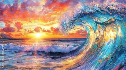 Vibrant sunset over ocean with large breaking wave.