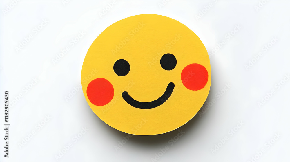 Fototapeta premium Yellow Circle Shows a Smiling Face with Rosy Cheeks, Expressing Happiness and Joy on a White Background.