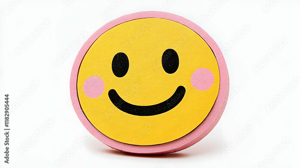 Fototapeta premium Yellow Smiley Face with Pink Border Shows Happiness on White Background