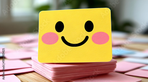 Yellow Smiley Face Card Rests on a Stack of Pink Index Cards on a Wooden Table photo