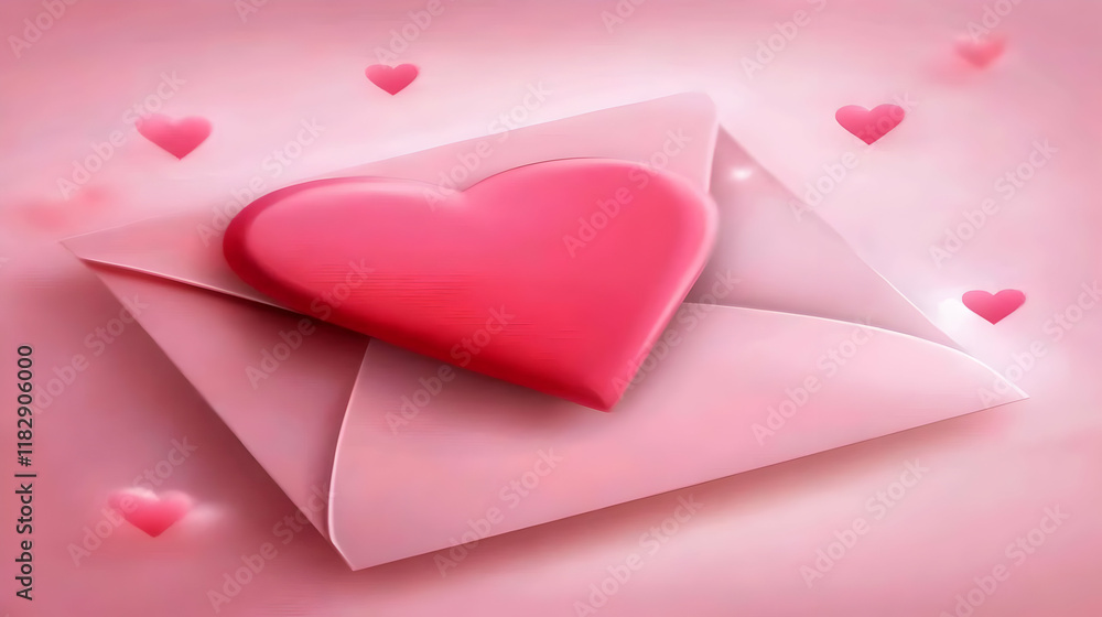 Pink Heart Rests on Envelope with Floating Hearts on Pink Background Pink Heart Rests on Envelope with Floating Hearts on Pink Background