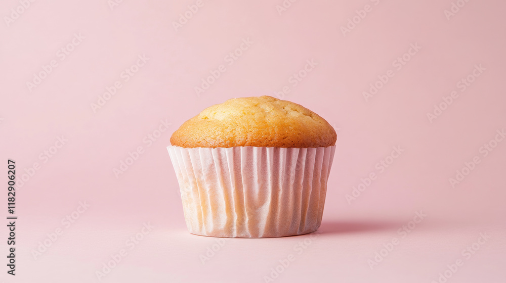 single plain cupcake with delicate paper wrap, set against soft pink background, evokes sense of sweetness and simplicity single plain cupcake with delicate paper wrap, set against soft pink background, evokes sense of sweetness and simplicity