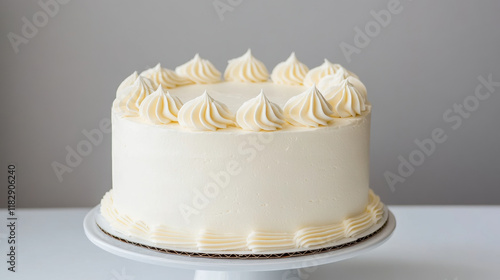 Classic white cake with glossy buttercream frosting, elegantly decorated. Perfect for celebrations and special occasions