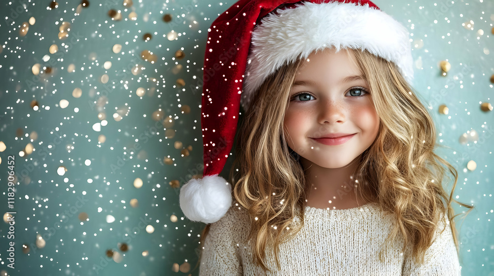 Smiling Child Wearing Santa Hat Poses Delightfully Against Sparkling Festive Background Smiling Child Wearing Santa Hat Poses Delightfully Against Sparkling Festive Background