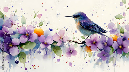 Fototapeta Naklejka Na Ścianę i Meble -  Watercolor Painting of a Colorful Bird Perched on a Branch with Purple Flowers and Orange Berries.