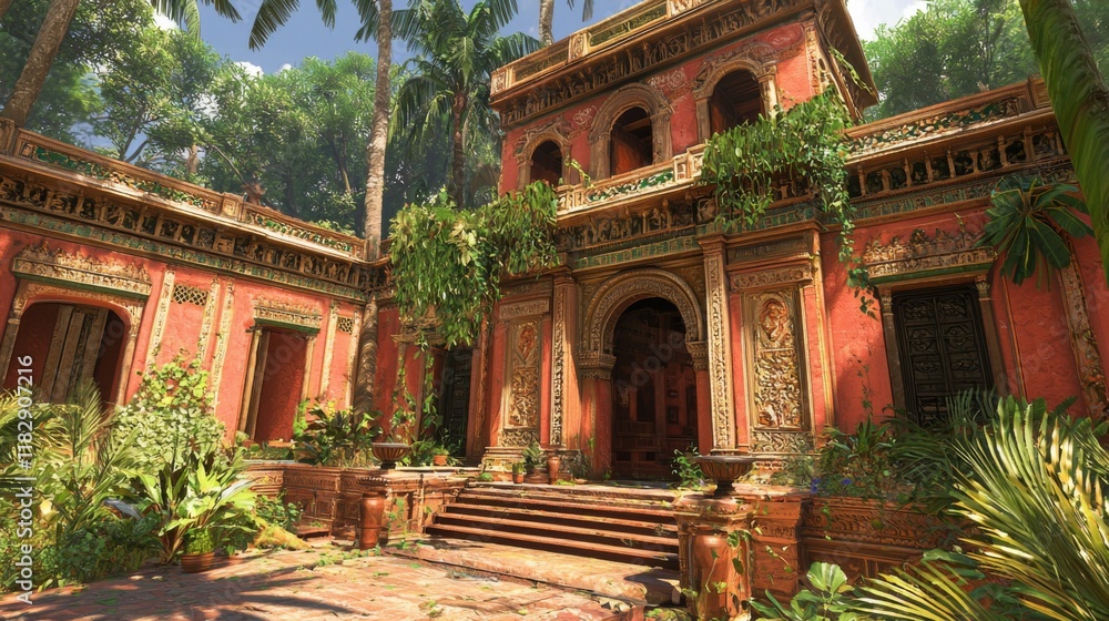 Obraz premium Ancient architectural structure surrounded by lush greenery in a tropical setting with detailed carvings and vibrant colors
