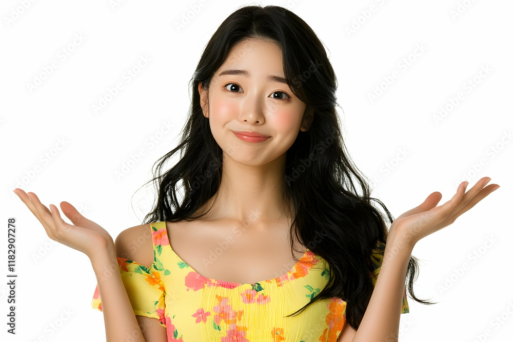 Young Woman Gesturing with Open Hands While Showing a Slight Smile Wonderfully Young Woman Gesturing with Open Hands While Showing a Slight Smile Wonderfully