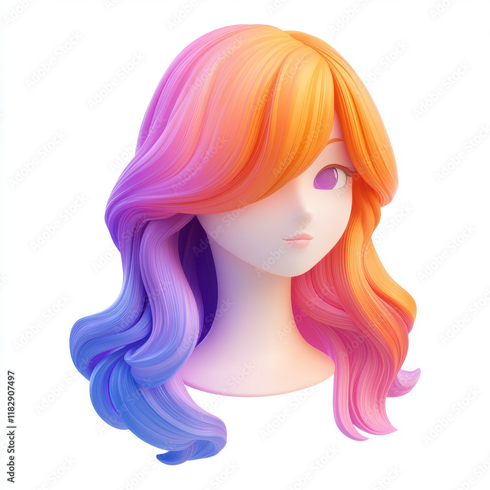 vibrant, stylized hair design featuring flowing waves in shades of pink, orange, and purple. hair is showcased on minimalist mannequin head, emphasizing its colorful gradient vibrant, stylized hair design featuring flowing waves in shades of pink, orange, and purple. hair is showcased on minimalist mannequin head, emphasizing its colorful gradient