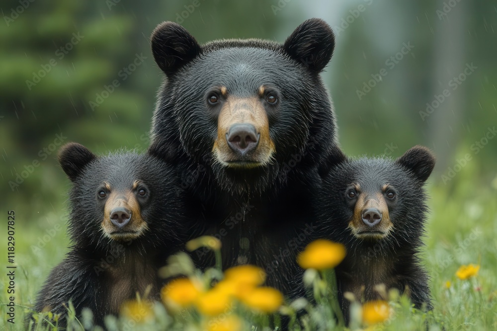 black bear family foraging adventure mother and cubs exploring dense forest floor with natural behaviors in pristine wilderness habitat setting black bear family foraging adventure mother and cubs exploring dense forest floor with natural behaviors in pristine wilderness habitat setting