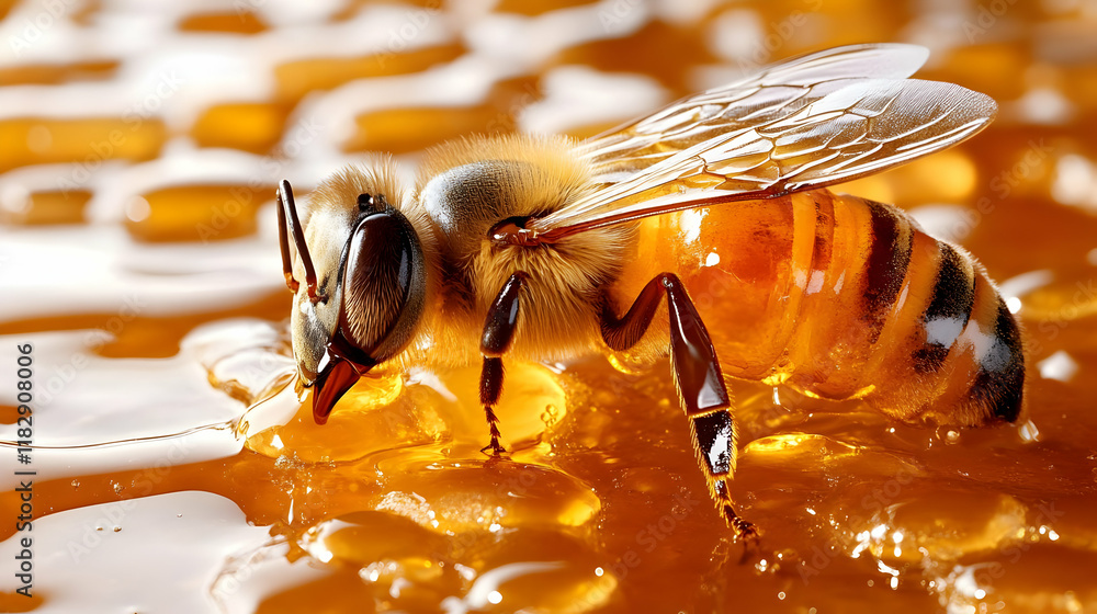 Honeybee Drinks Nectar from Honeycomb, Close-up View of Insect on Sweet Treat