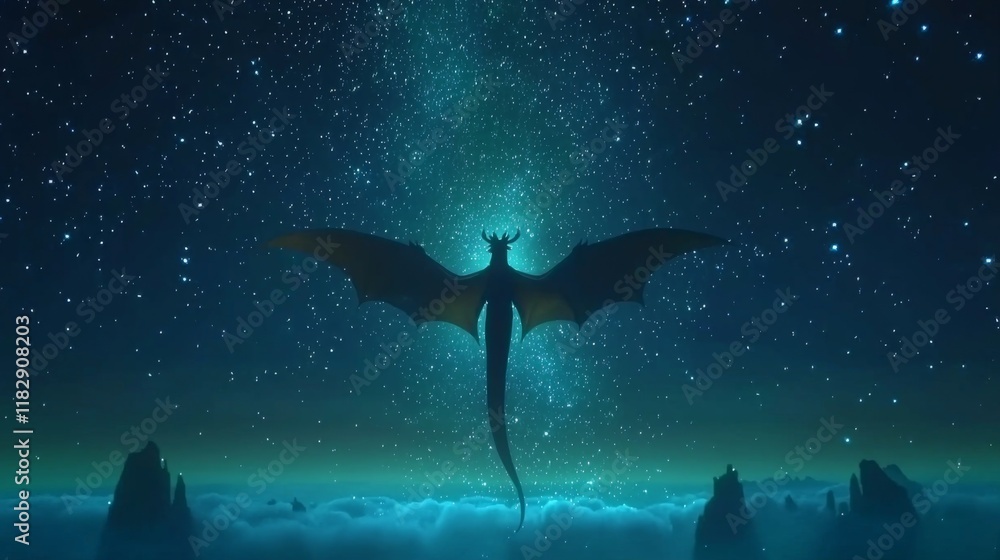 Fototapeta premium Majestic Dragon Silhouette Against Starry Night Sky Over Cloudy Landscape