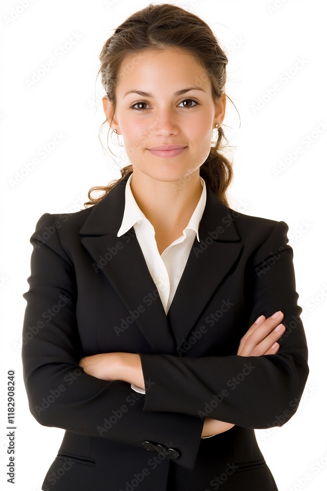 Confident Professional Woman in Business Attire Against White Background Confident Professional Woman in Business Attire Against White Background