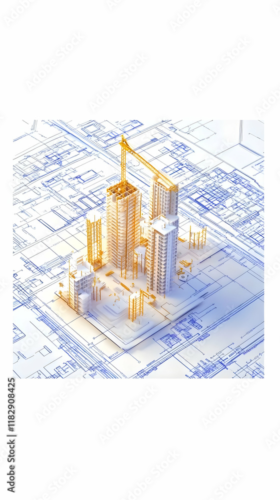 3D Model of Buildings Under Construction on Architectural Blueprints with a Crane 3D Model of Buildings Under Construction on Architectural Blueprints with a Crane