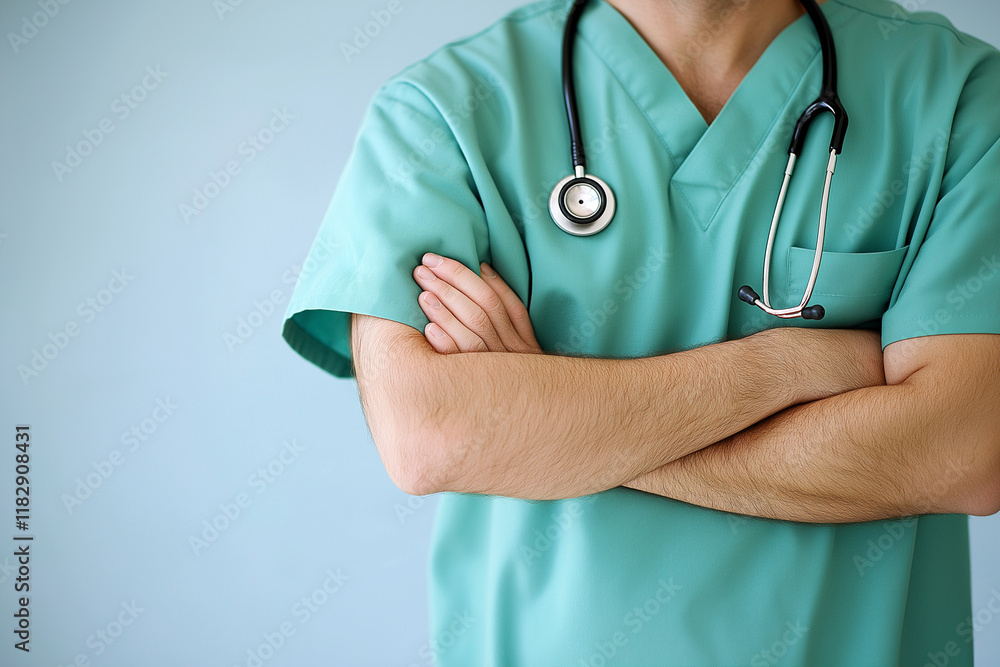 Close-up of a medical doctor wearing green scrubs with a stethoscope hanging around their neck, arms crossed in front. Close-up of a medical doctor wearing green scrubs with a stethoscope hanging around their neck, arms crossed in front.