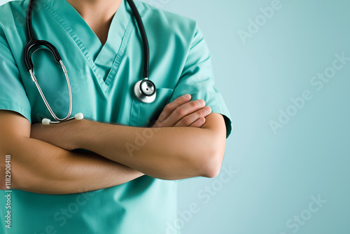 Close-up of a medical doctor wearing green scrubs with a stethoscope hanging around their neck, arms crossed in front.