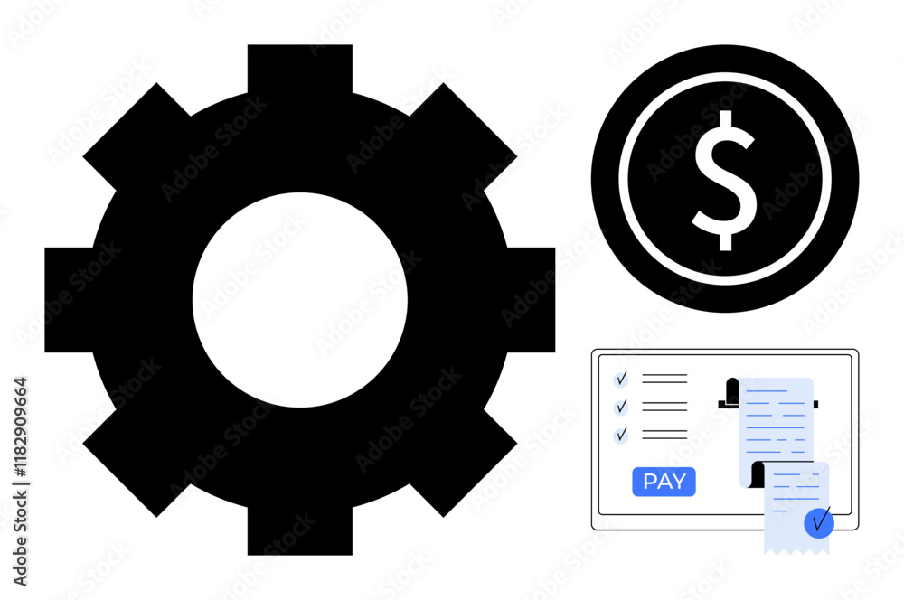 Black gear, dollar sign inside circle, and digital invoice with PAY button represent financial automation. Ideal for finance management, automation, online payment, efficiency, cost-saving Black gear, dollar sign inside circle, and digital invoice with PAY button represent financial automation. Ideal for finance management, automation, online payment, efficiency, cost-saving