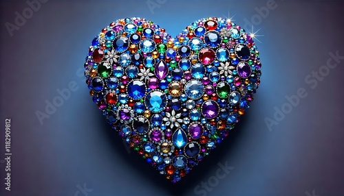 heart made of tiny multicolored gemstones sparkling against a deep royal blue background with room for text.