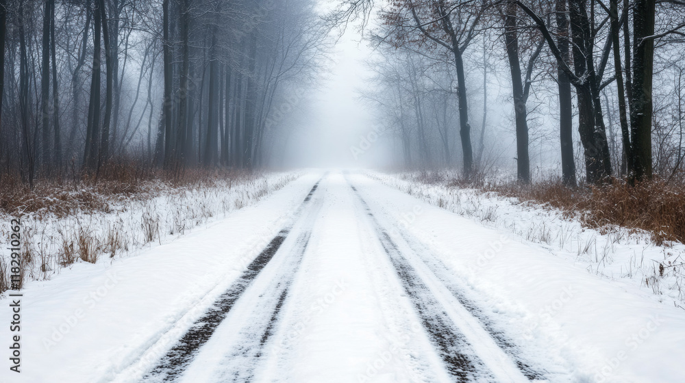 Abandoned road in heavy mist with faint traces of tire marks, surrounded by snow covered trees, creates serene and mysterious atmosphere Abandoned road in heavy mist with faint traces of tire marks, surrounded by snow covered trees, creates serene and mysterious atmosphere