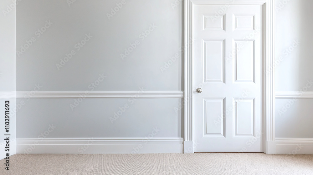 Fototapeta premium pale gray blue wall with subtle plaster texture and white door creates serene atmosphere in this empty room. clean lines and soft colors evoke sense of calm and simplicity