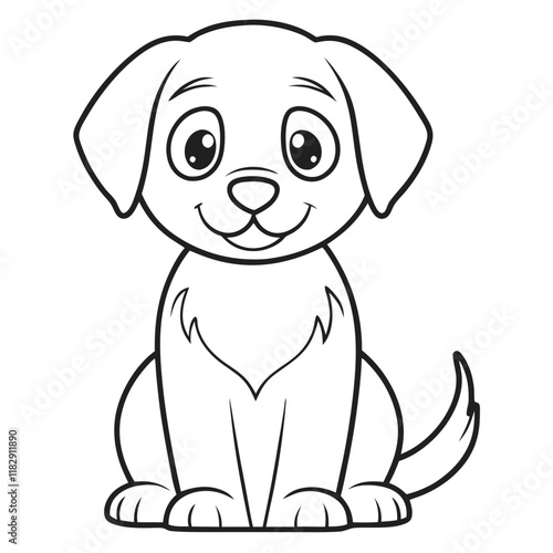 Happy cartoon dog vector illustration, black and white line art for kids.