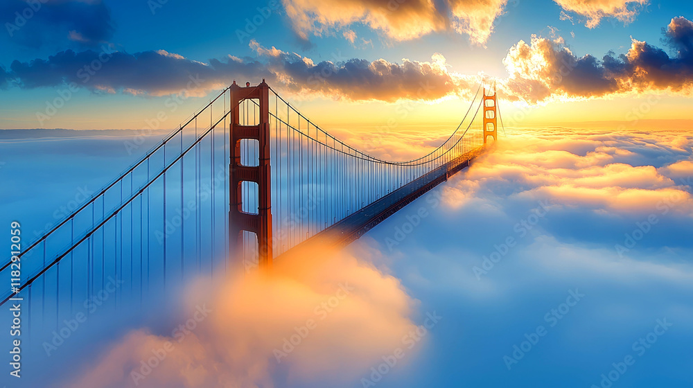 Golden Gate Bridge in Fog: A Majestic Sunset View Golden Gate Bridge in Fog: A Majestic Sunset View