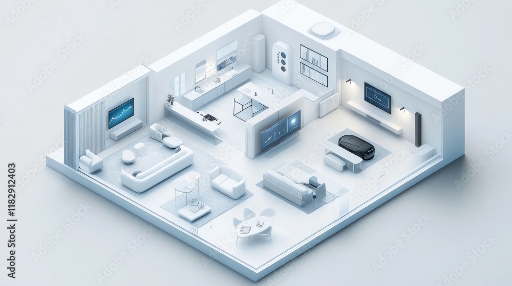 A 3D floor plan of a smart home, minimalist interiors, seamless connectivity, and modern energy-saving solutions A 3D floor plan of a smart home, minimalist interiors, seamless connectivity, and modern energy-saving solutions