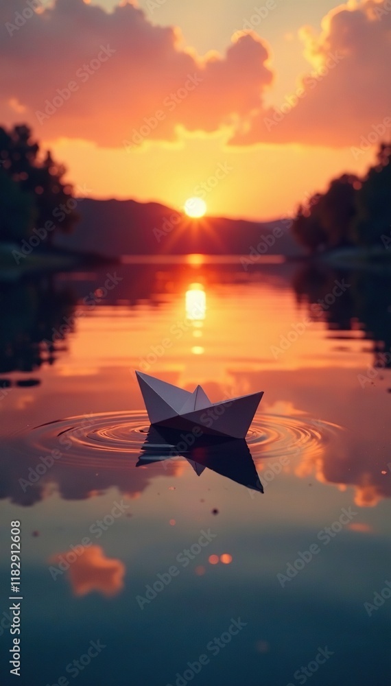 A delicate paper boat floats on the lake's mirror-like surface at sunset, water, sunsets A delicate paper boat floats on the lake's mirror-like surface at sunset, water, sunsets