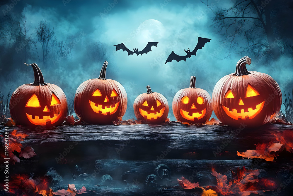 Fototapeta premium Five Illuminated Jack-o'-lanterns Sit on a Log with Bats Flying Under a Full Moon on Halloween Night